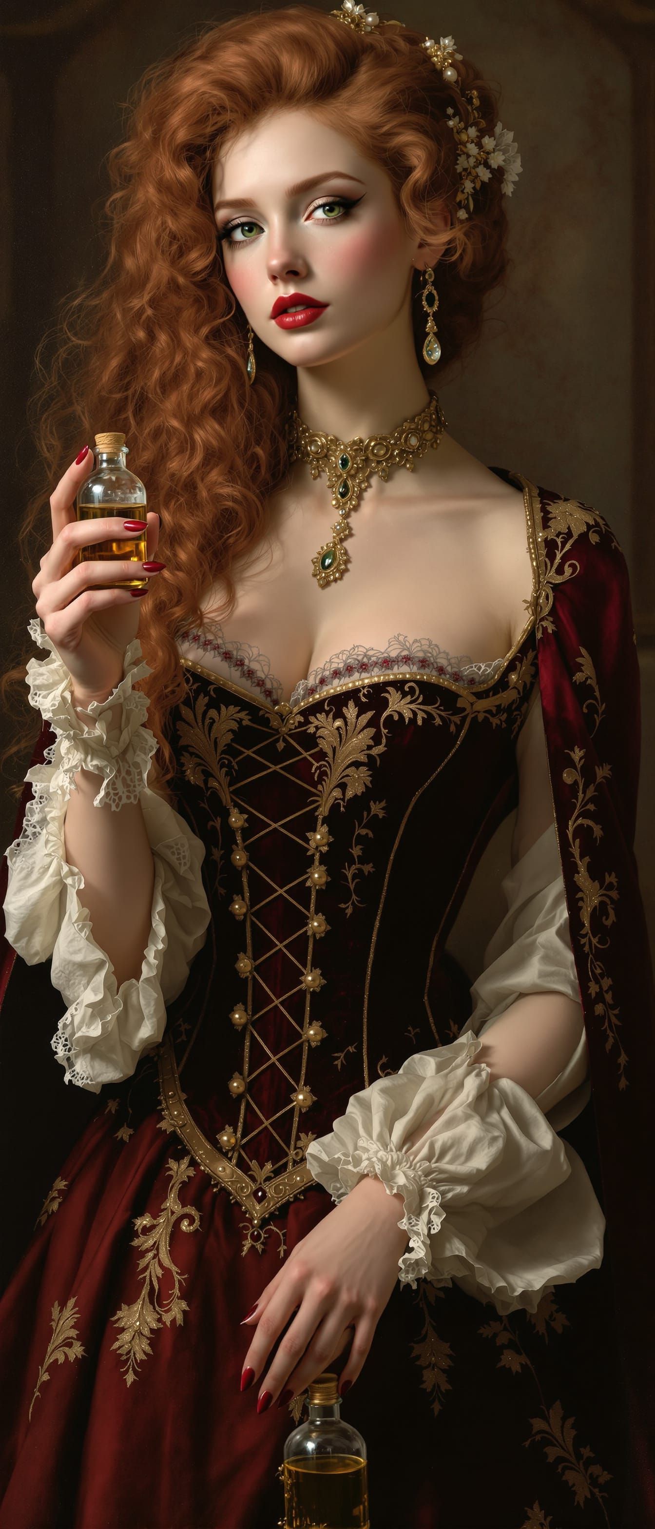Pre-Raphaelite Woman Potion Tester with Flowing Red Hair