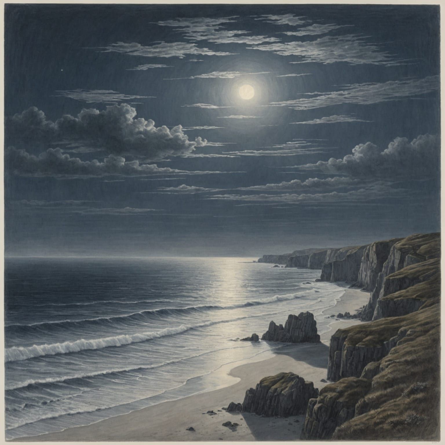 Silverpoint drawing of a beautiful seascape in the moonlight...