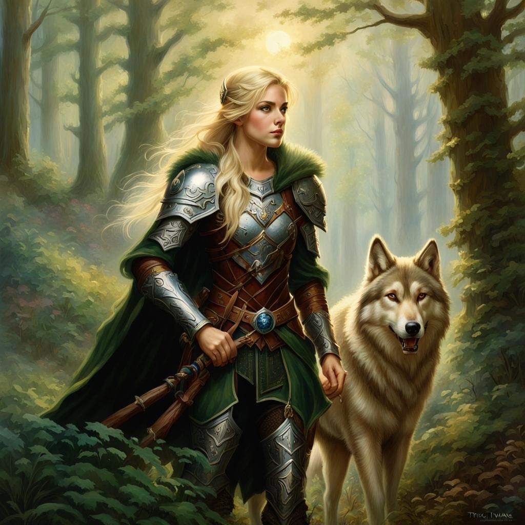 Elf Druid and Wolf in Ethereal Forest