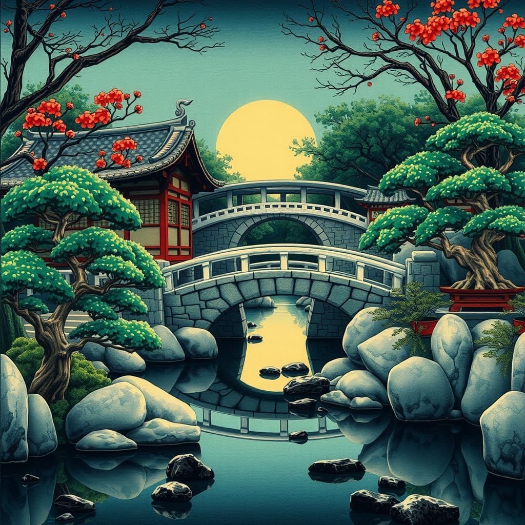 Zen Garden with Bonsai in Ukiyo-e Style