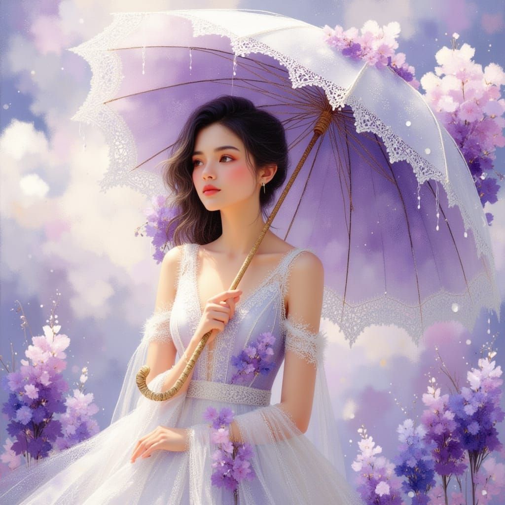 Lilac Portrait with Lace Umbrella in Pointillist Style