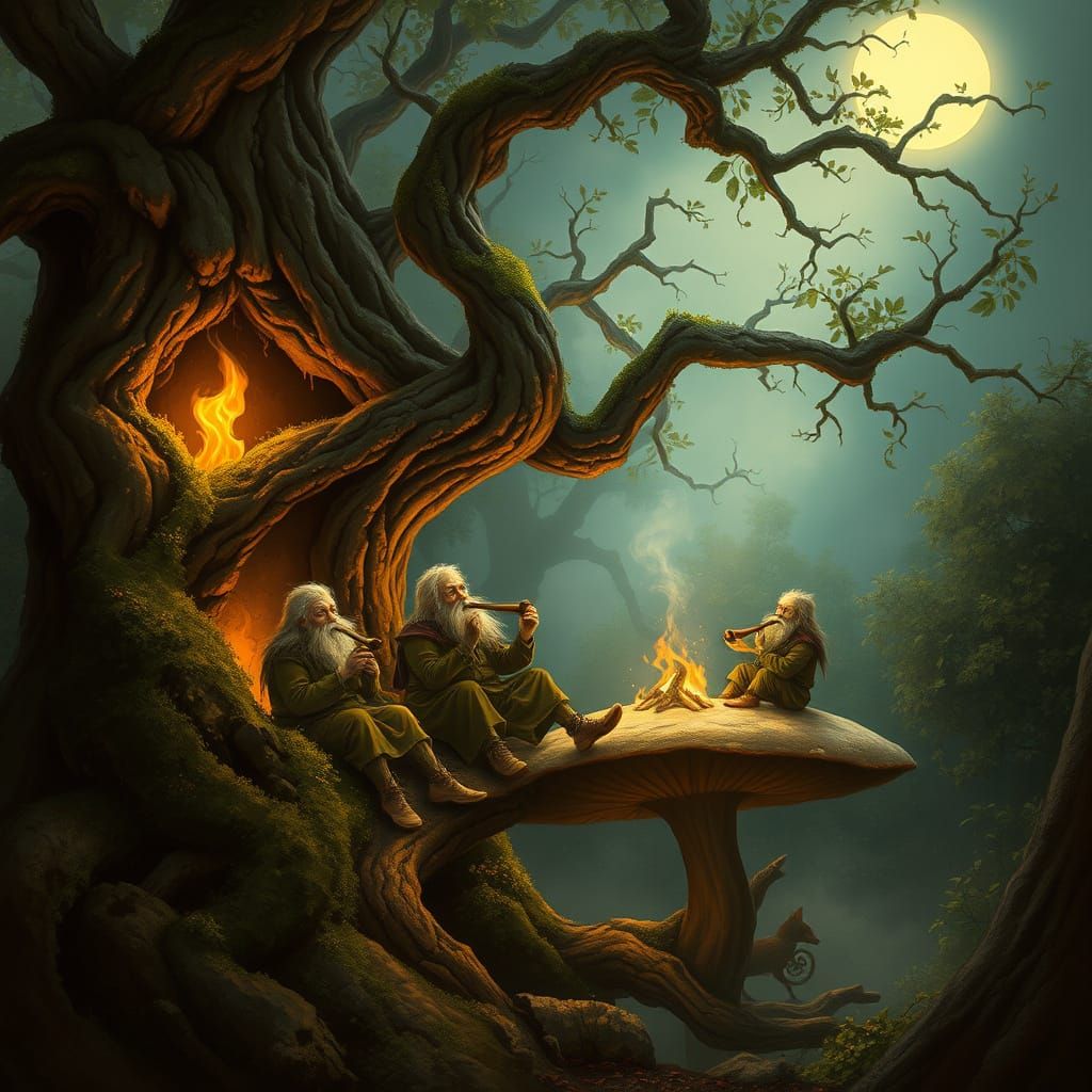 Whimsical Moonlit Forest Scene with Ancient Tree and Mischie...