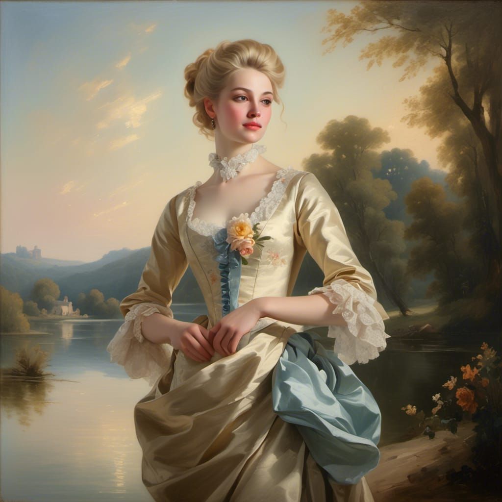 Elegant Woman in Rococo Dress by Lake
