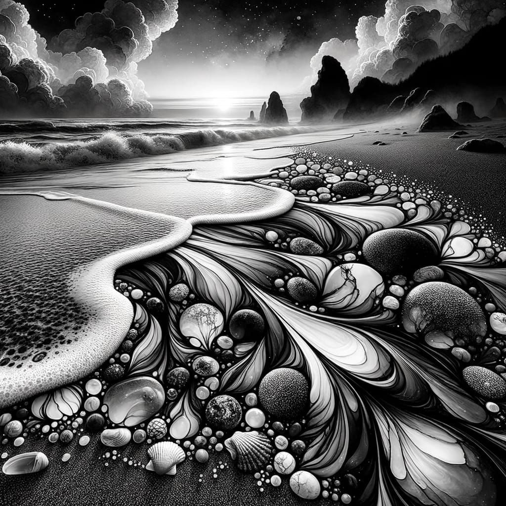 Surreal Beach Scene in Watercolor Ink Style