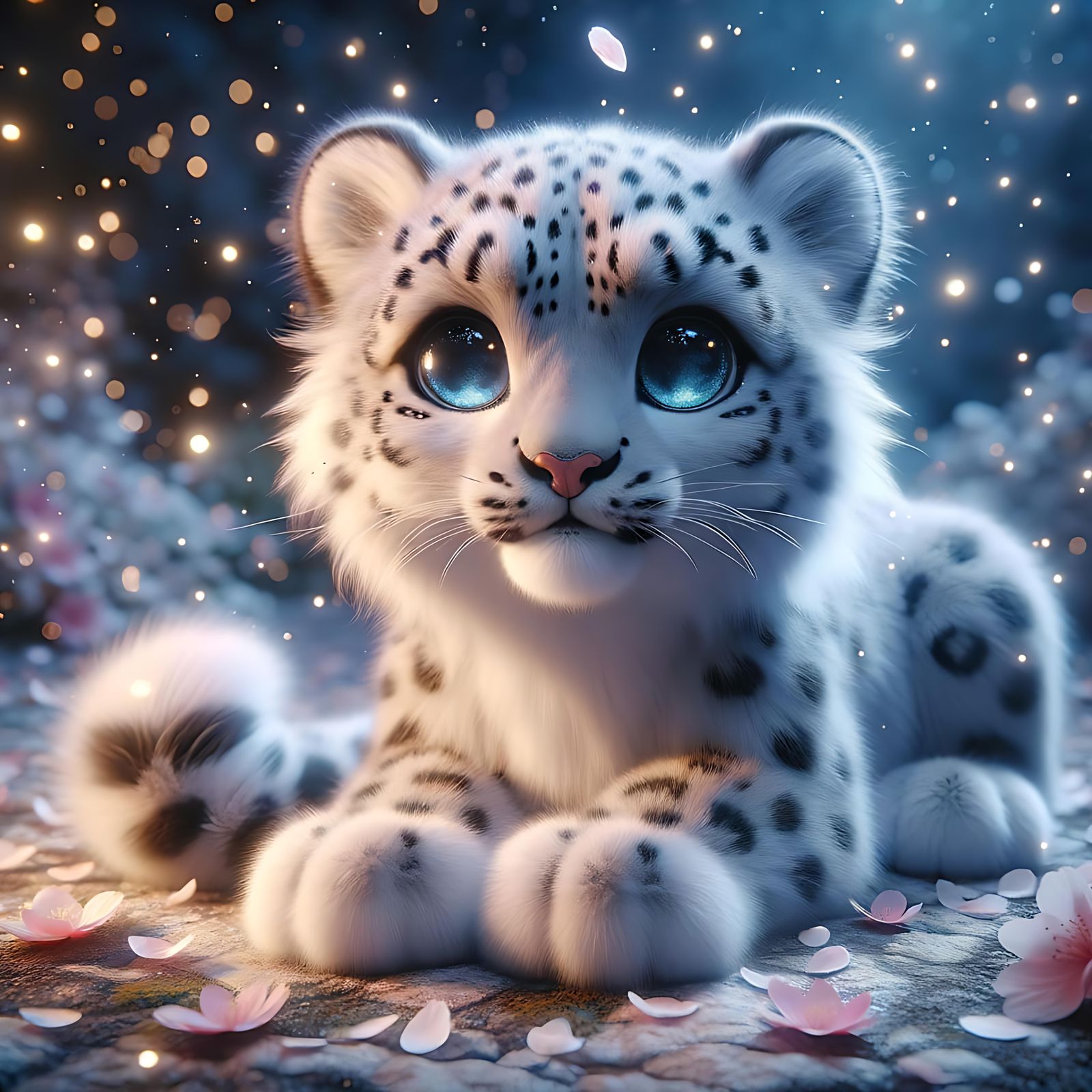 Adorable Snow Leopard with Fireflies and Sakura