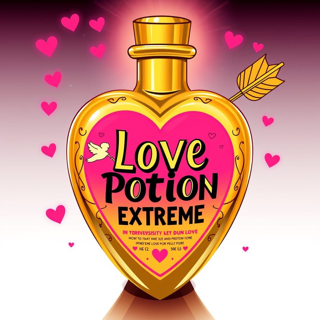 Quirky Love Potion in a Heart-Shaped Bottle with a Warning