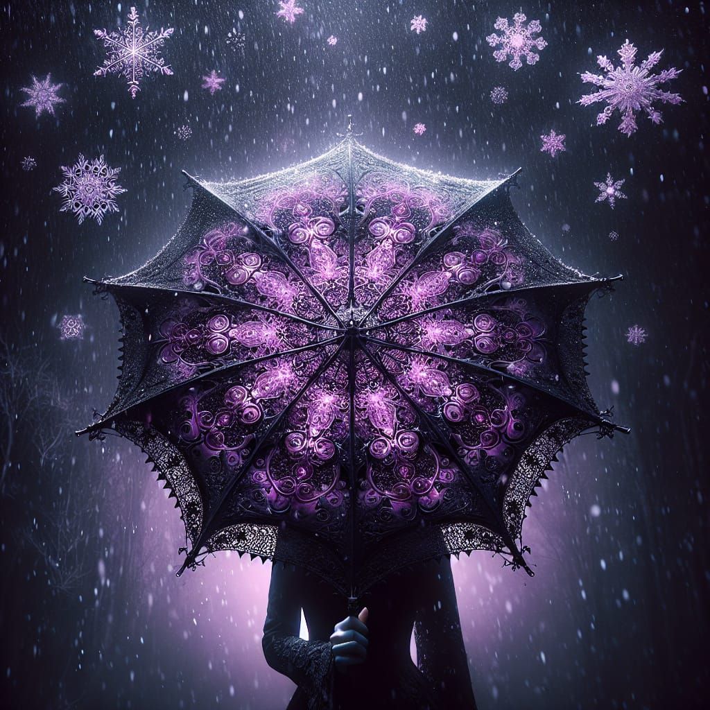 Mysterious Dark Fantasy Scene with a Violet Umbrella and Sno...