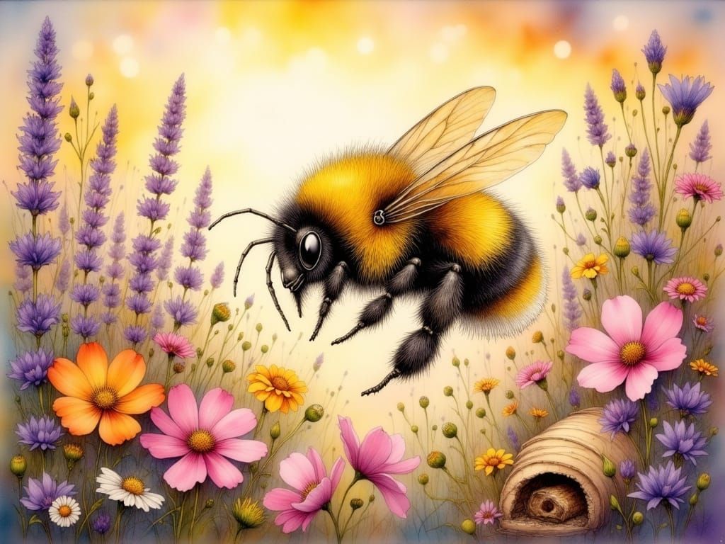 Vibrant Bumble Bee in Whimsical Floral Field
