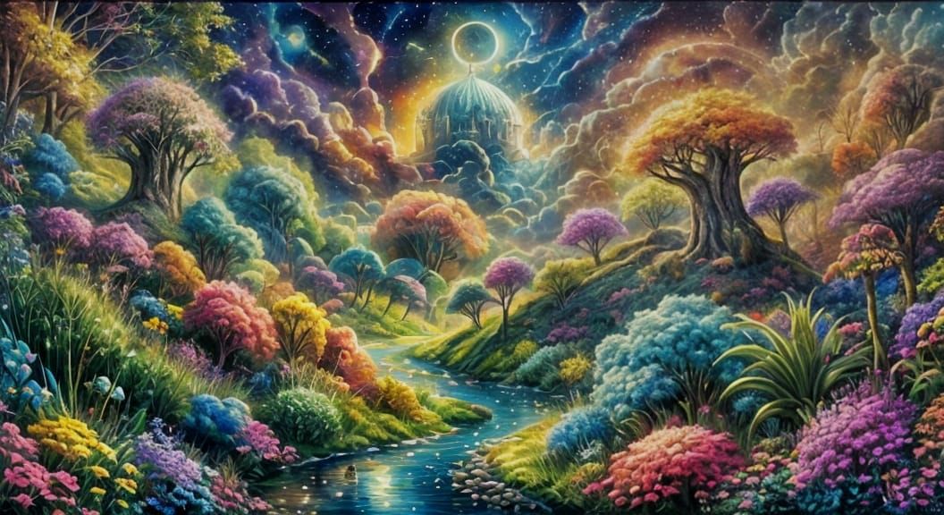 Whimsical Thomas Kinkade-Inspired Landscape in Pastel Colors