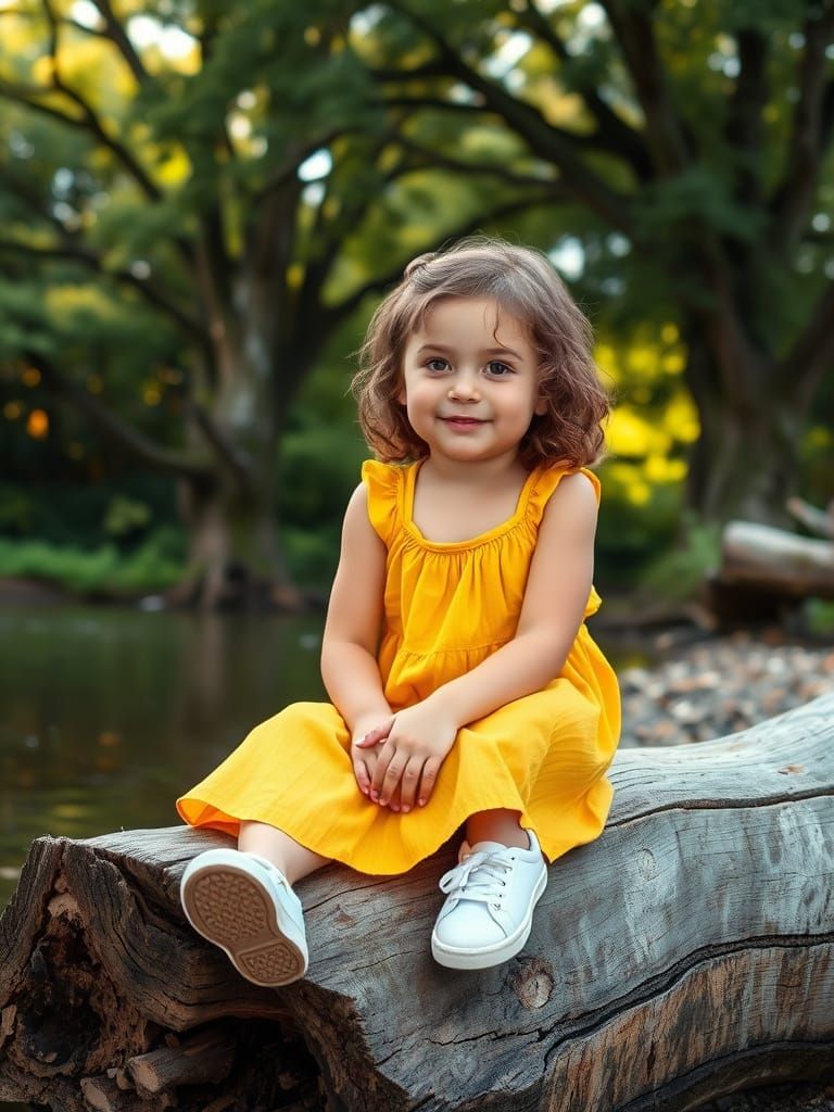 A Young Girl Sits on a Riverbank in Whimsical Summer Setting...
