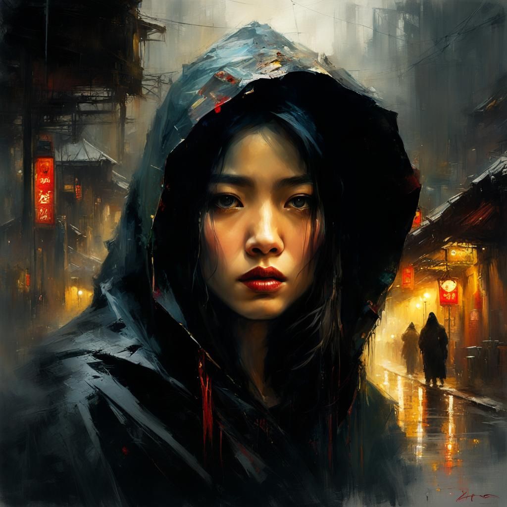 Eerie Asian Woman in Hooded Cloak: Matte Painting
