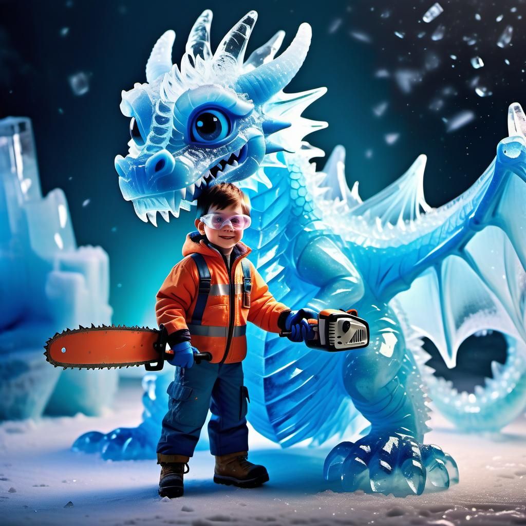 Pixar-Style Ice Dragon Sculpture with Chainsaw