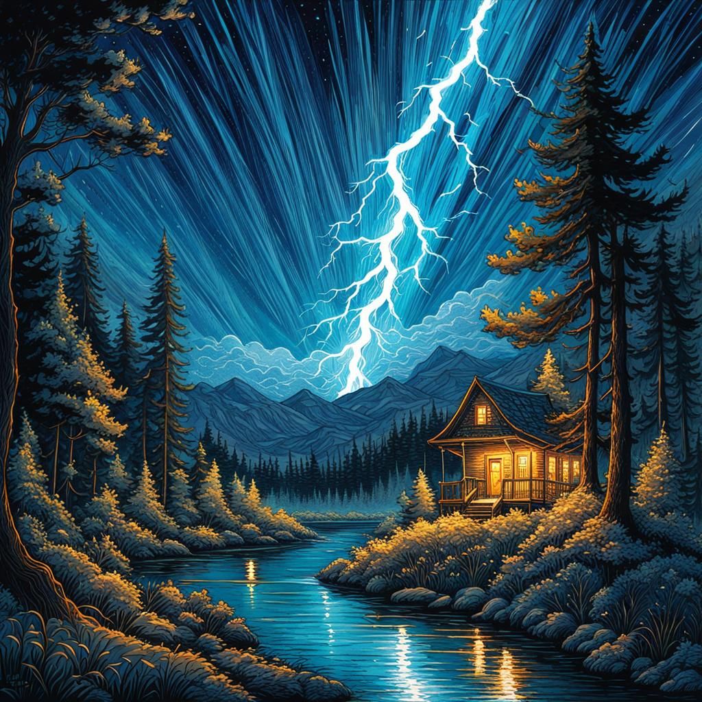 Blue Lightning Strike Watercolor and Ink Painting