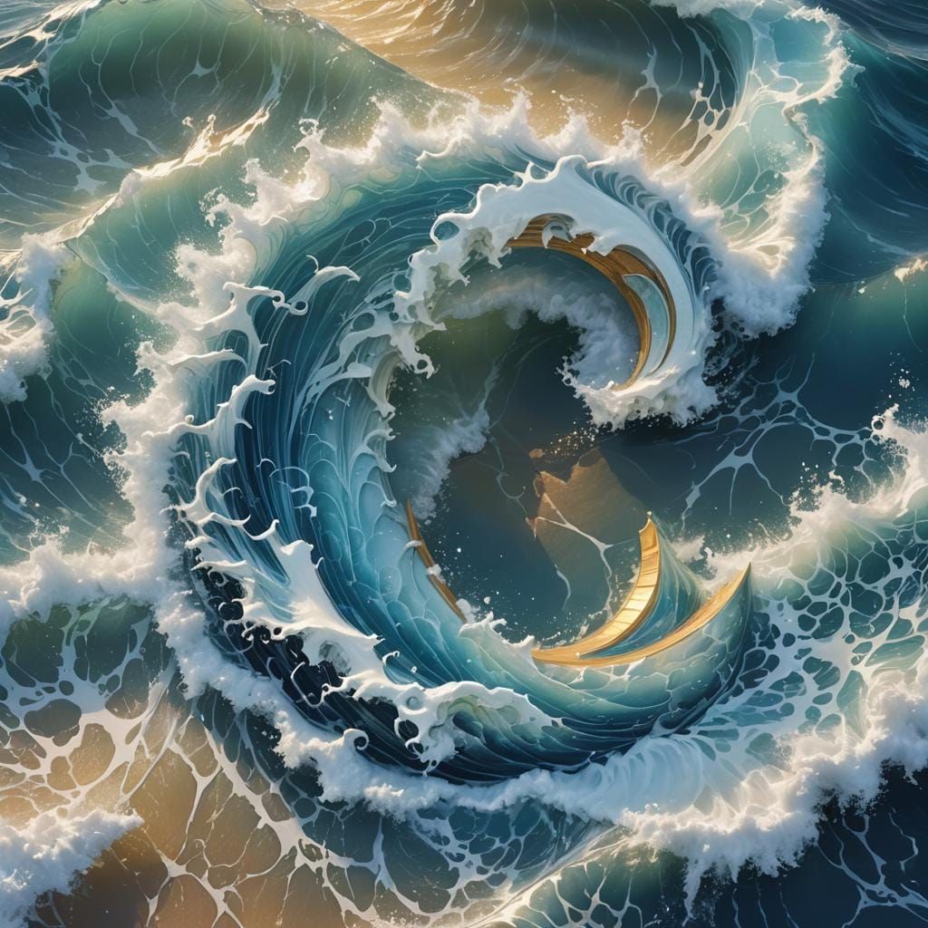 "The letter 'C' shaped like ocean waves, with vibrant blues ...