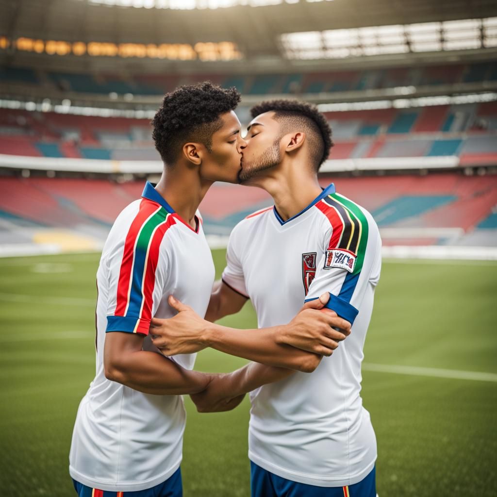Football Players Celebrate Goal with Joyful Kiss