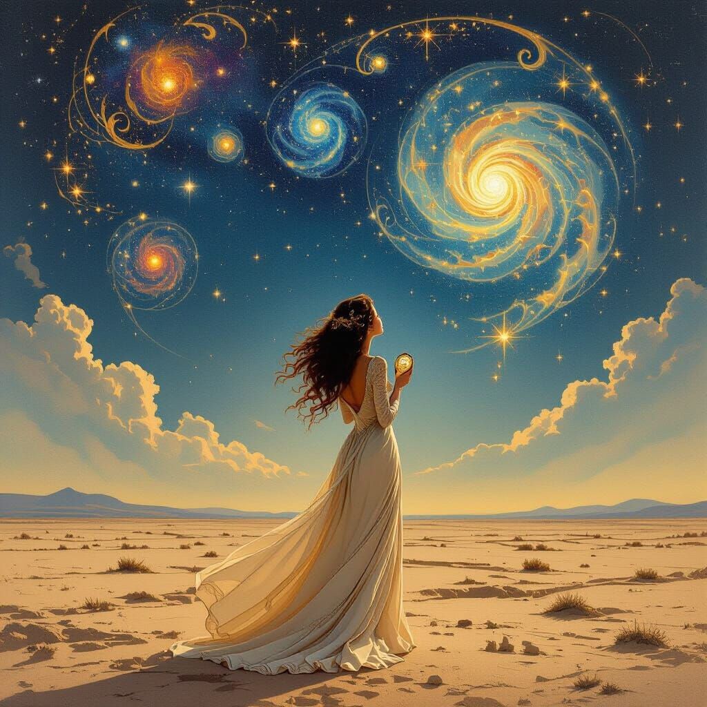 Ethereal Woman Gazes at Starry Sky, Art Nouveau Inspired