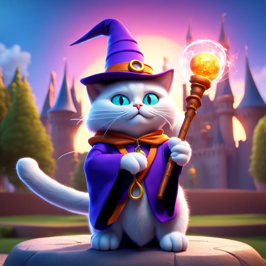 Cat Wizard with Magical Staff: 3D Digital Art
