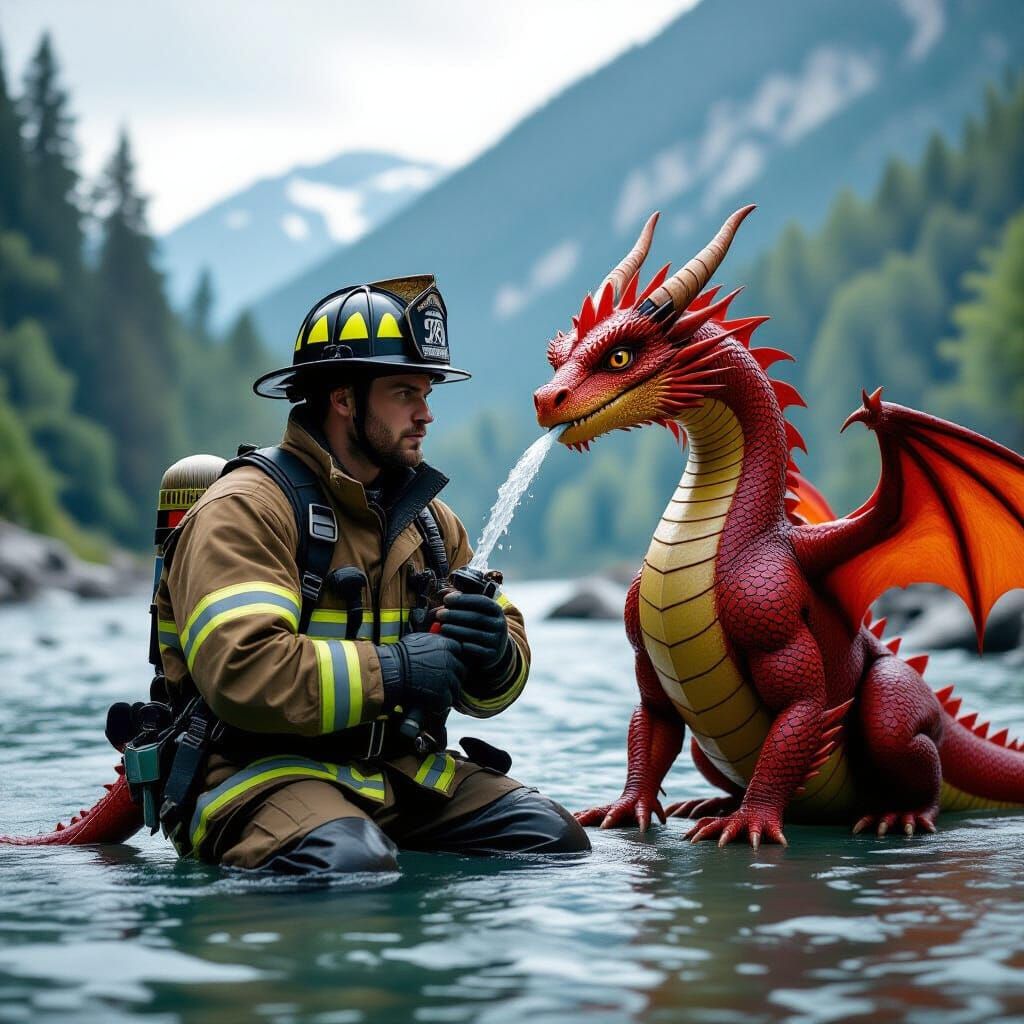 Firefighter and Water-Spitting Dragon in Cinematic Film Stil...
