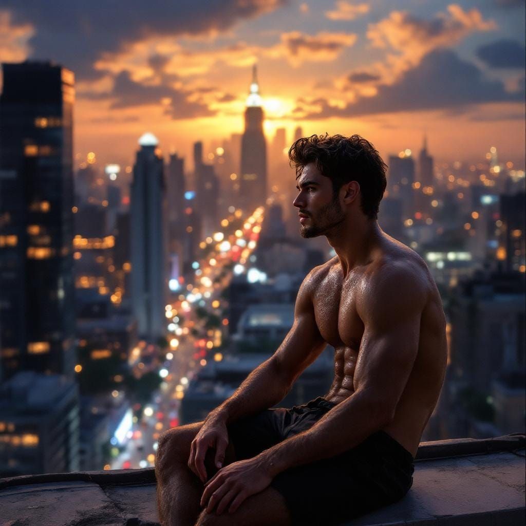 Rooftop Solitude: Romantic Painting of a Summer Night