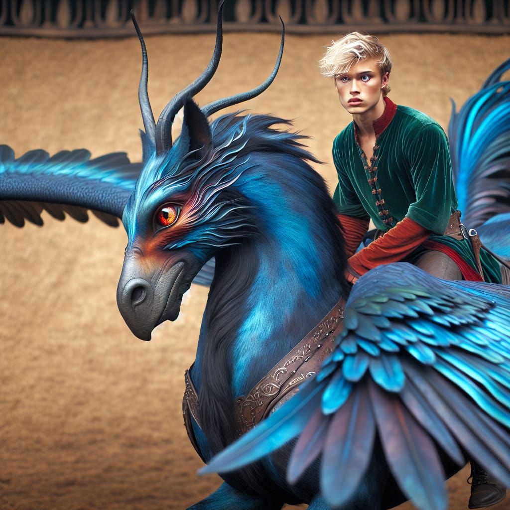 a blue and black hippogriff being ridden by an 18 year old male with white hair and red eye, dressed in a green medieval...