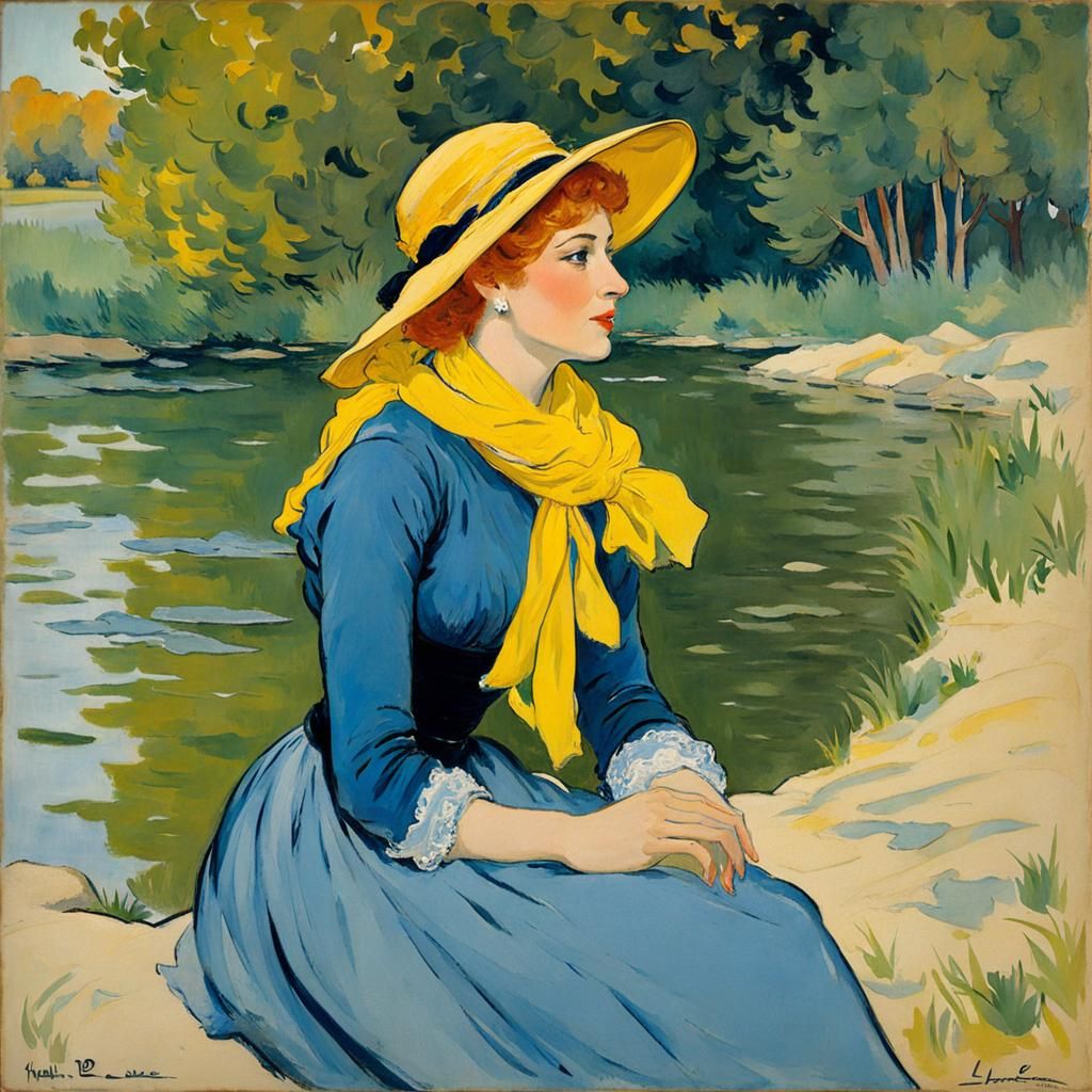 Woman in Blue by River: Gouache Style