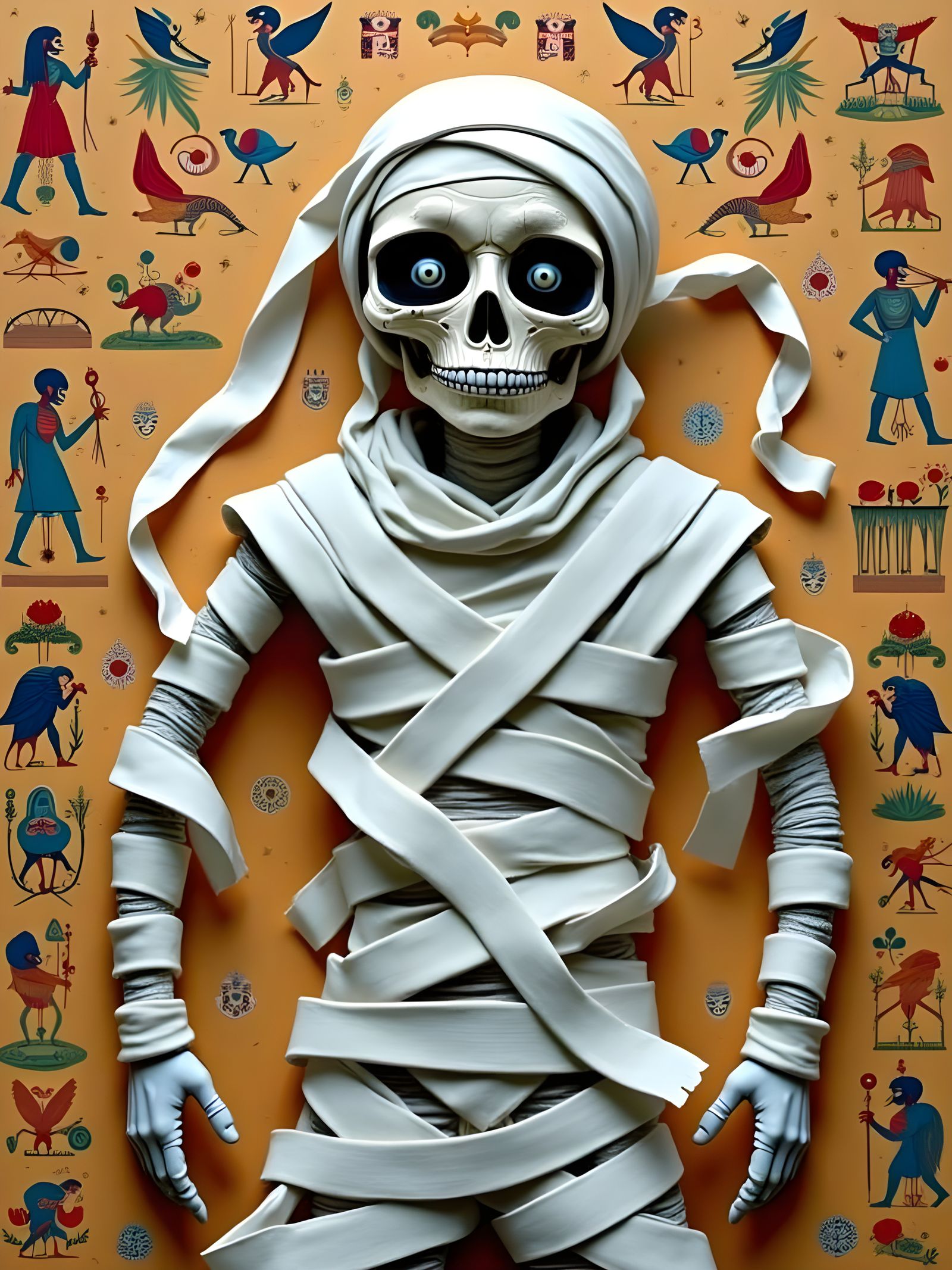 Whimsical Mummy with Ancient Egyptian Hieroglyphs