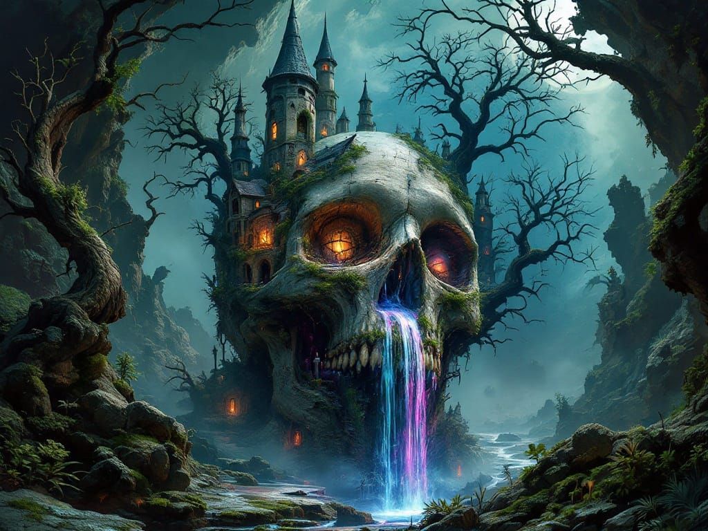 Ethereal Village Within a Zombie's Skull