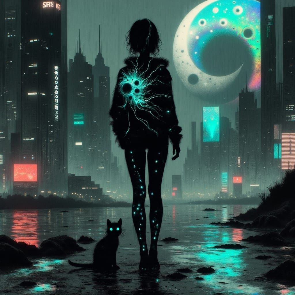 Cyberpunk Woman Amidst Neon Cityscape