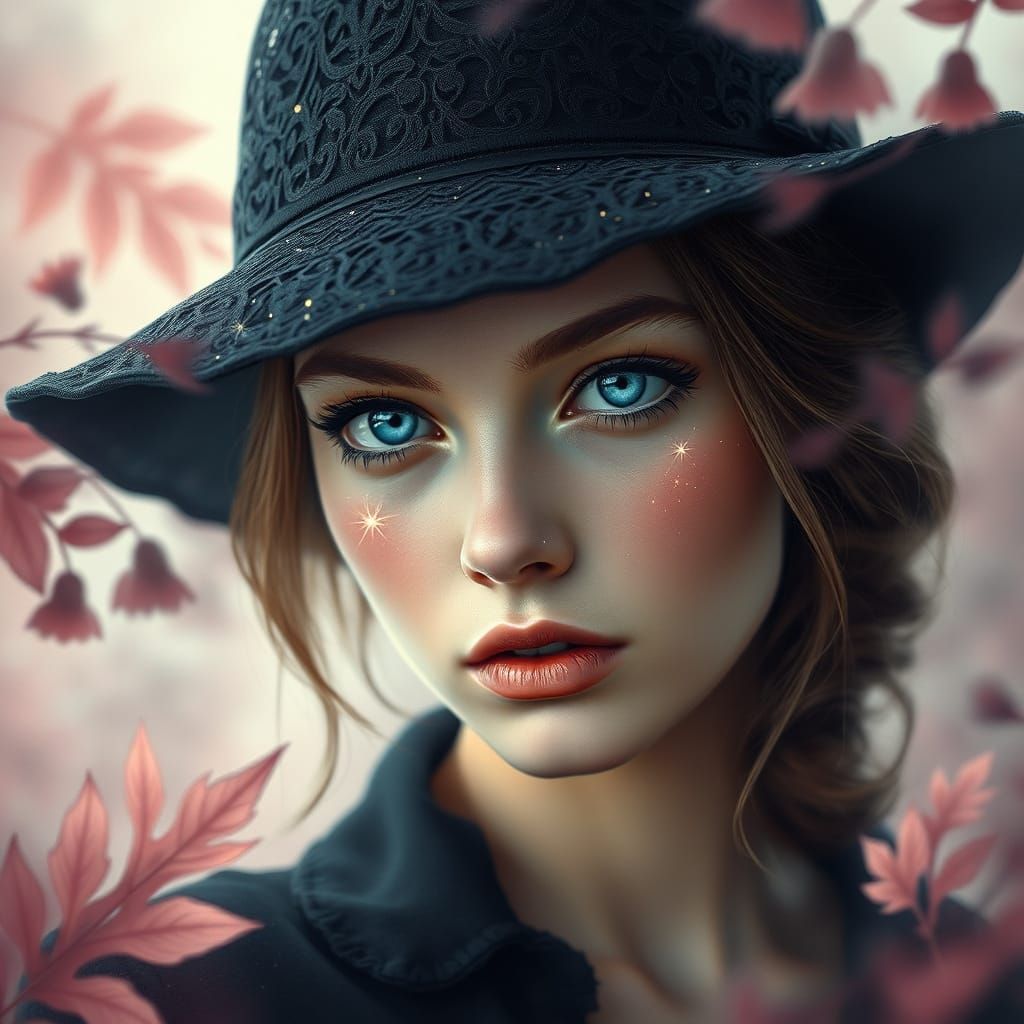 A young woman with striking blue eyes and a mysterious expression wears a stylish black hat. Her face glows with etherea...