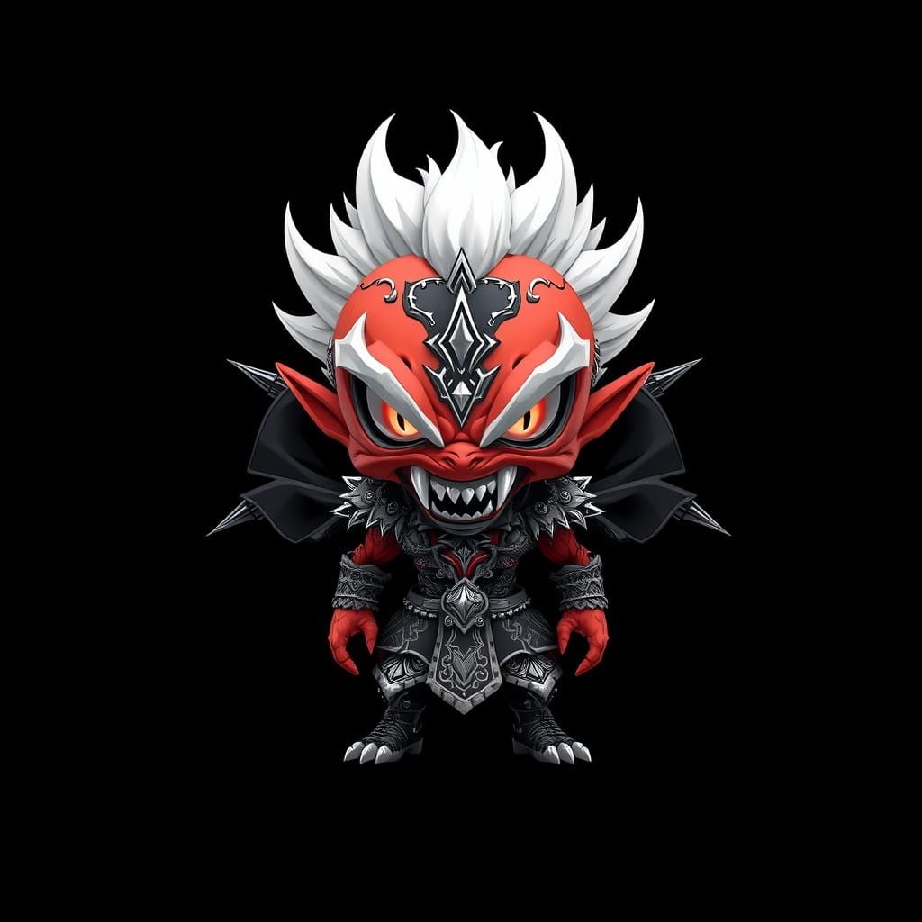 Monochromatic ornate red siver  cartoon caricature creature, stylized illustration