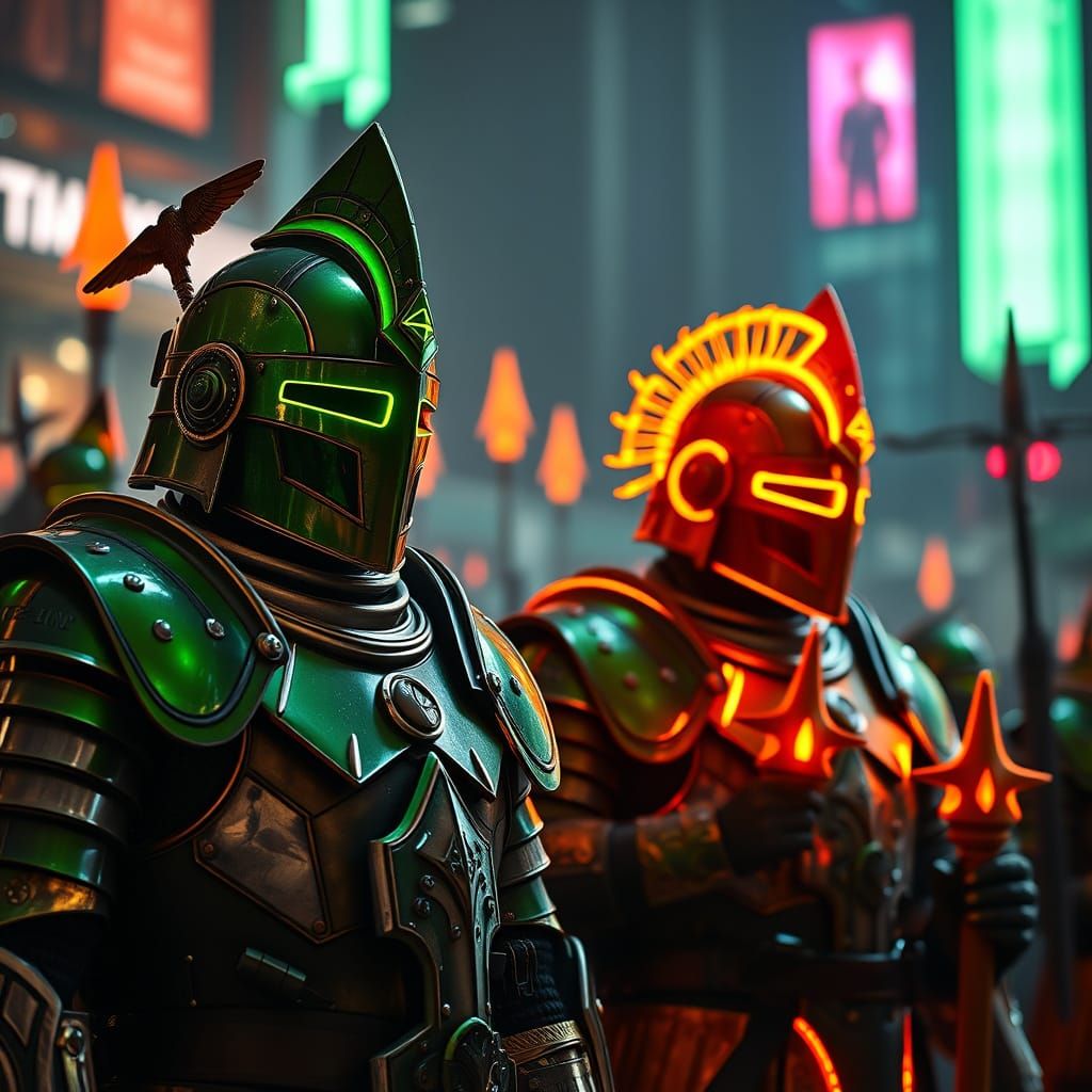 Hyperrealistic Armored Neon Knights in Retro-Futuristic Styl...