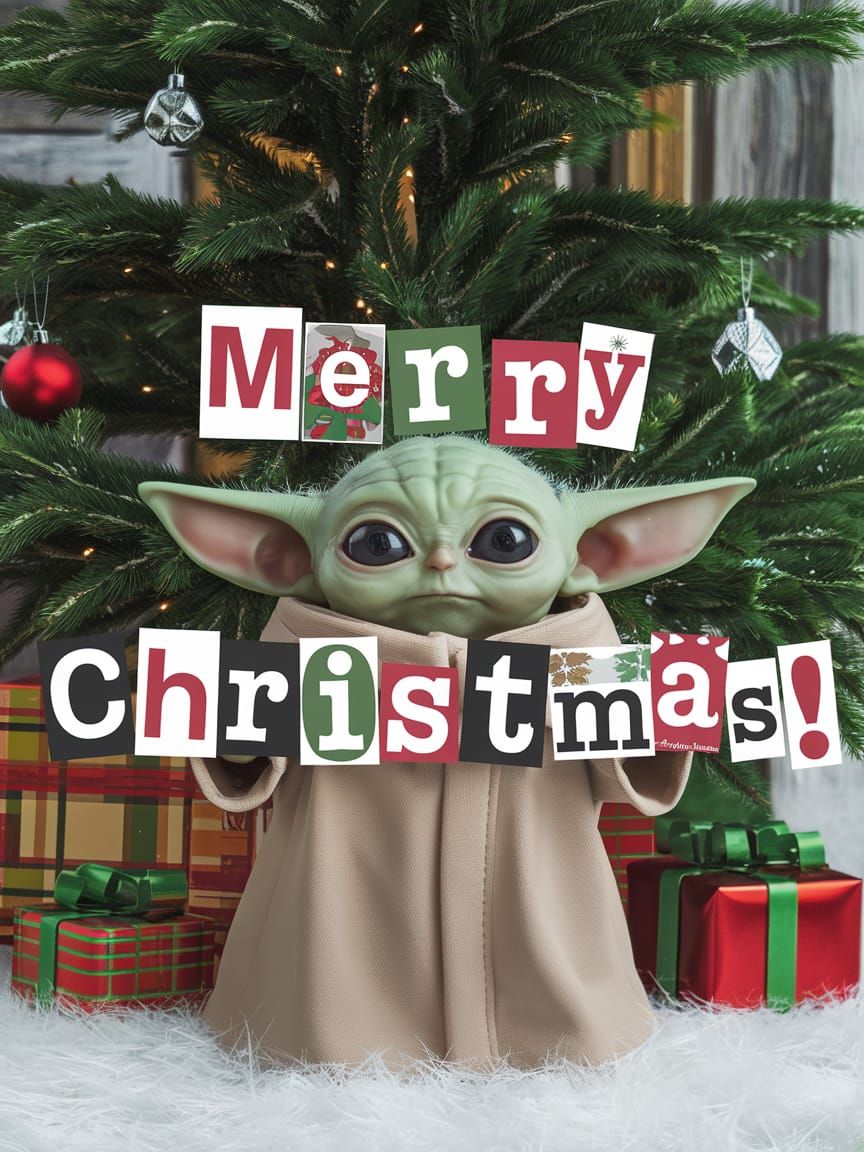 Baby Yoda Wishes Merry Christmas in a Festive Scene
