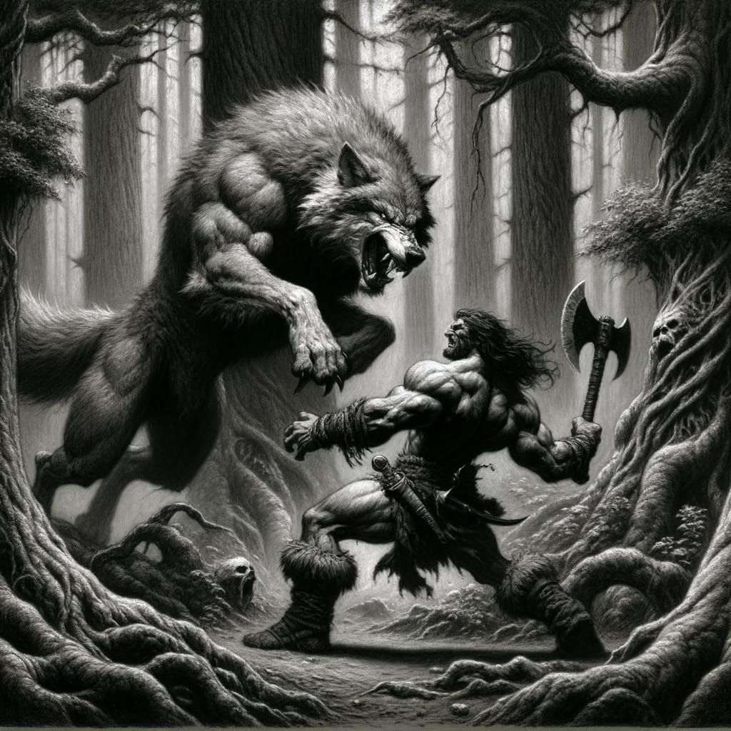 Wolf and Barbarian Clash in Charcoal Fantasy Art
