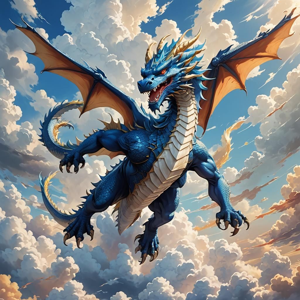 Blue Dragon Soaring Over Clouds: Anime Style