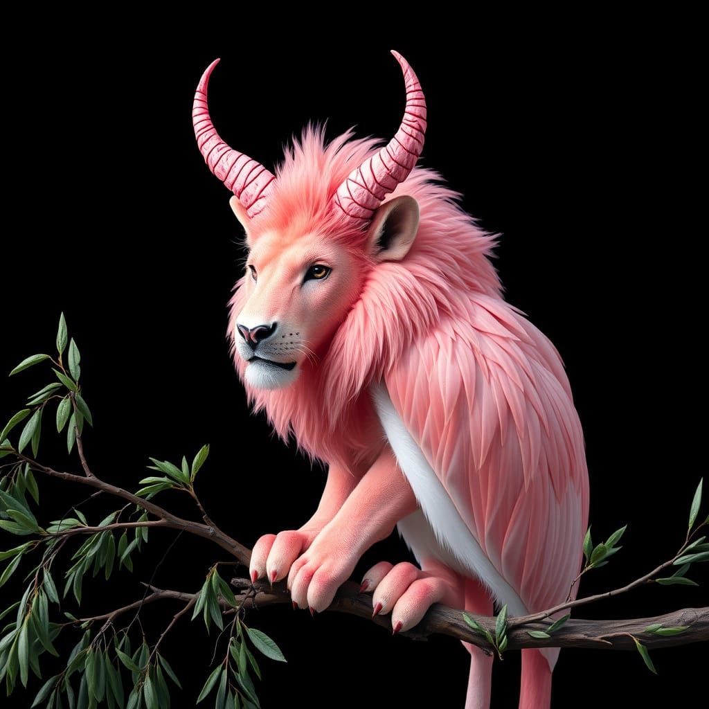 Surreal Flamingo-Lion Hybrid on Weeping Willow