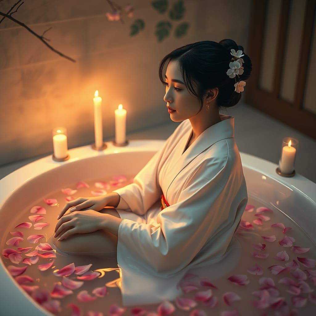 Elegant Sakura in Serene Bath Tub Scene