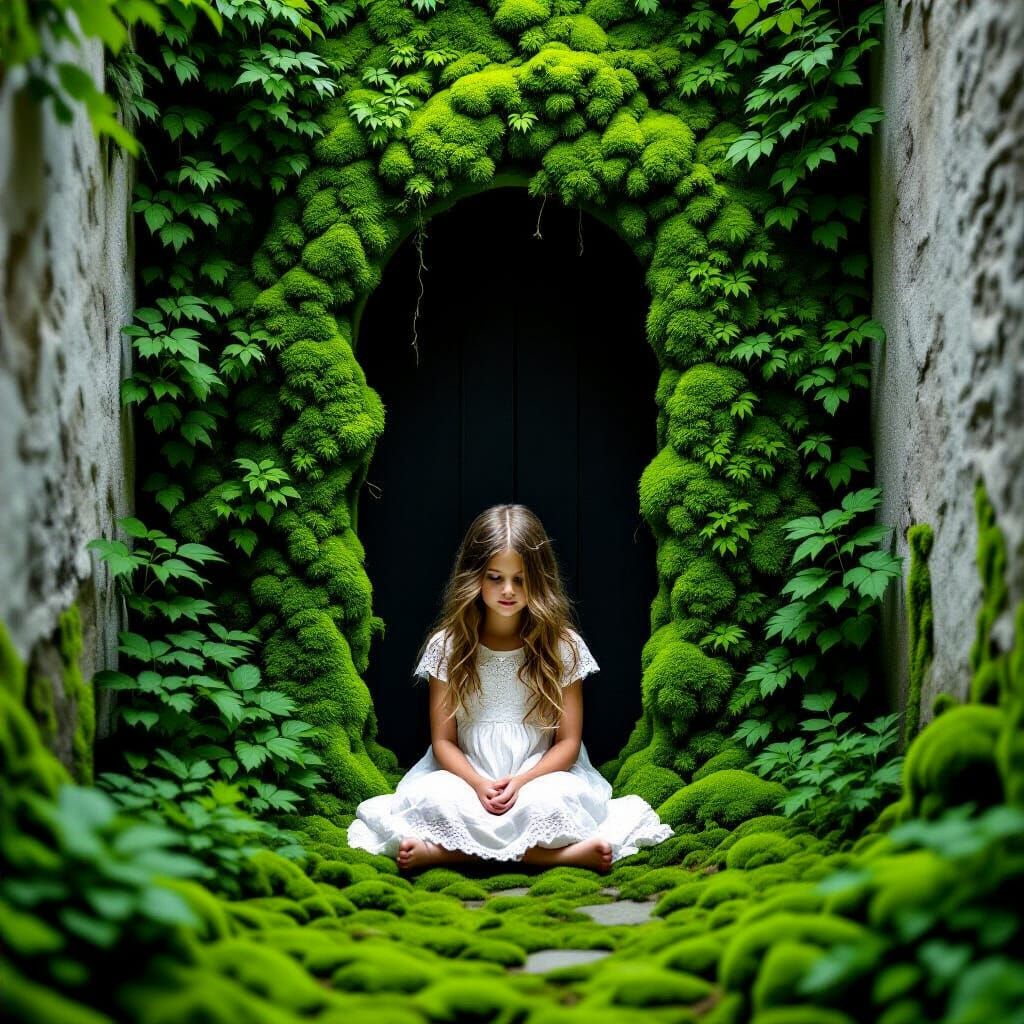 Girl in White Dress Against Moss Covered Wall
