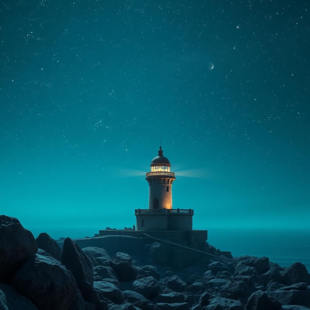 Hyperrealistic Lighthouse Under Sparkling Stars in 16K