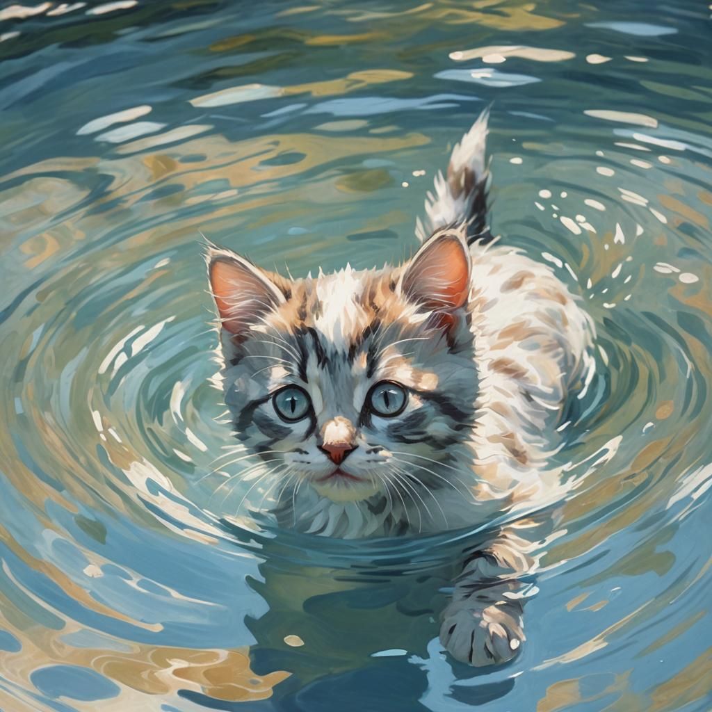 Kitten Swimming in Pool as Impressionist Oil Painting