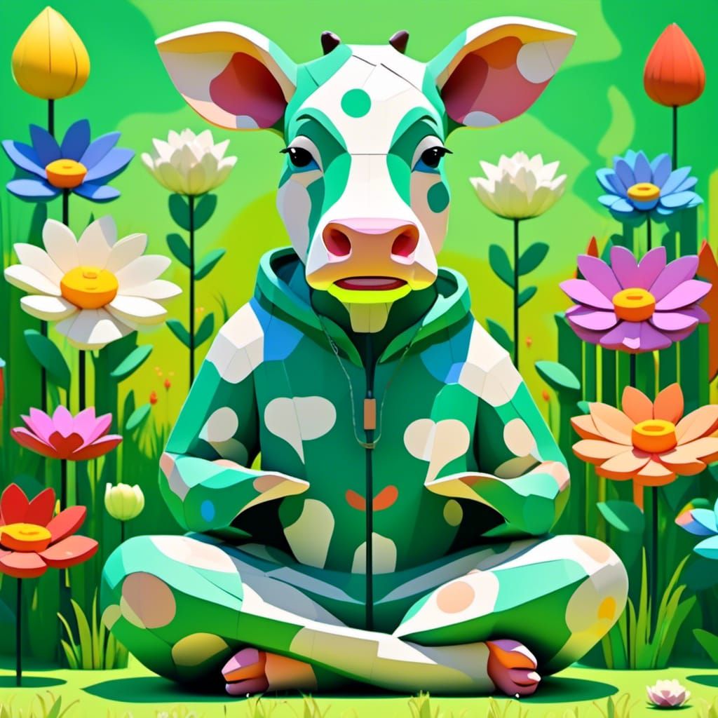 Cow Does Yoga in Low-Poly 3D Pop Art