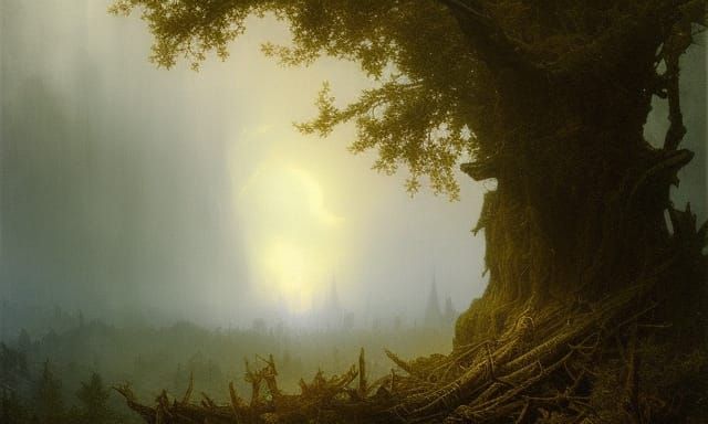 cute owl in rainbow tree horror Gustave Doré Greg Rutkowski