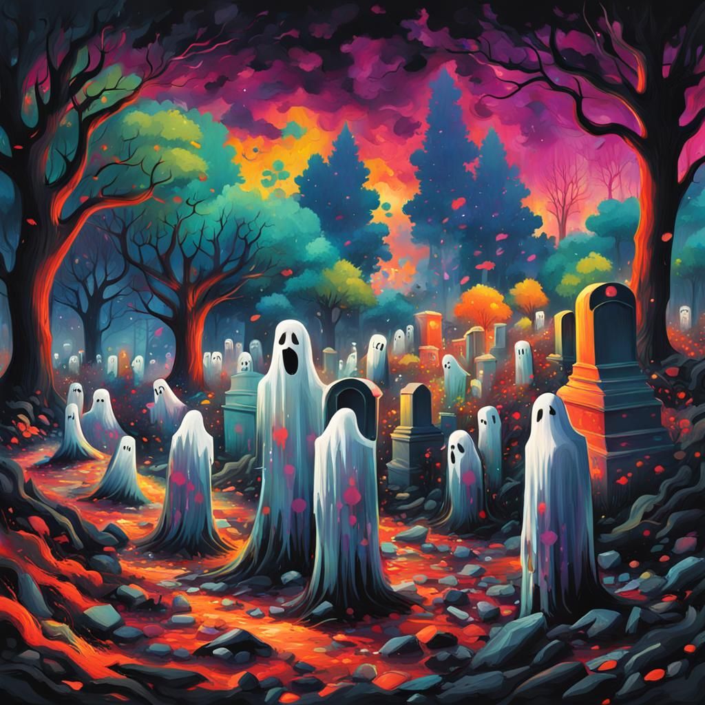 Ghosts Celebrate Among Graves in Graffiti Art Style