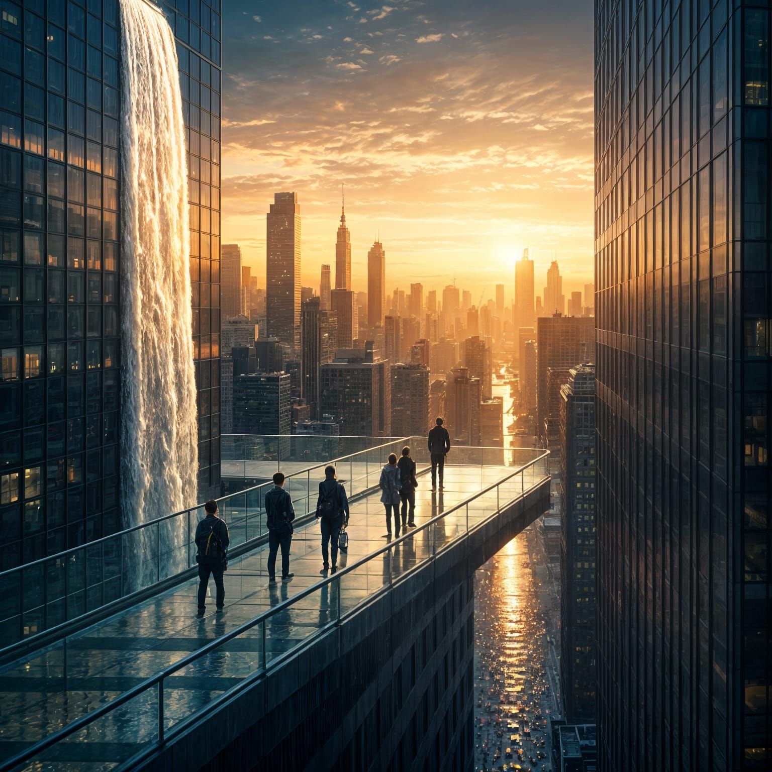 Waterfall Flowing From City Skyscraper Rooftop