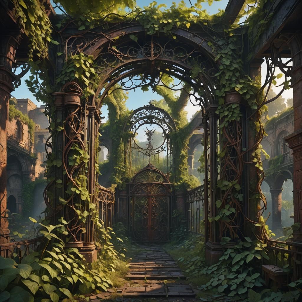 Rusted Ironwork Overgrown with Vines: Matte Painting
