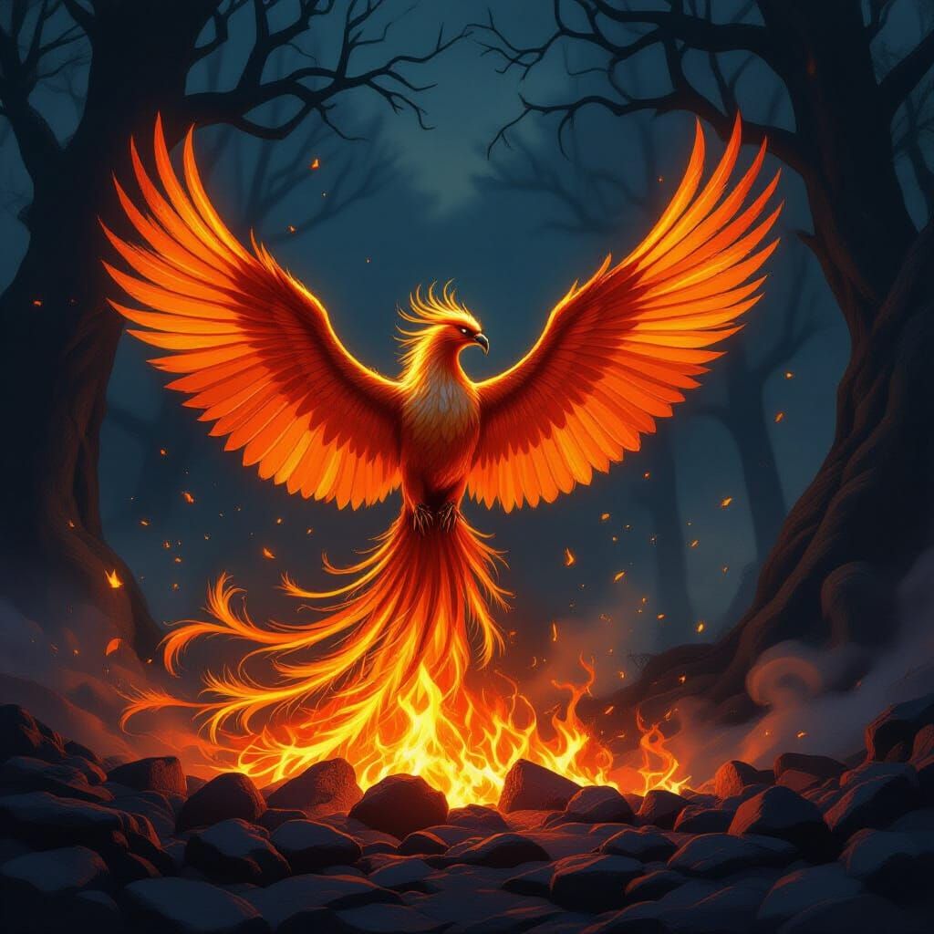 Majestic Phoenix Rises from Embers in Fantasy Forest