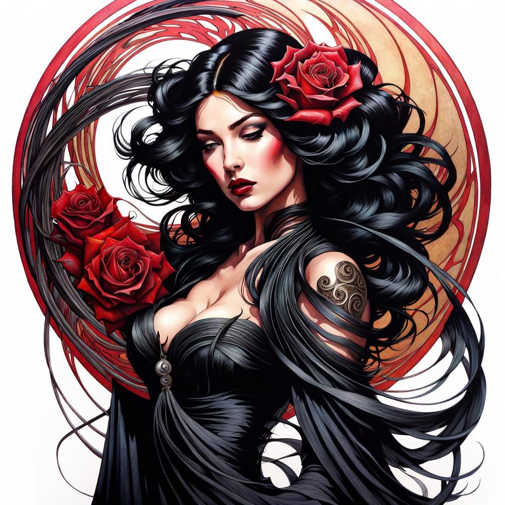 Gothic Pinup Swirling Rose Whip in Art Nouveau Style
