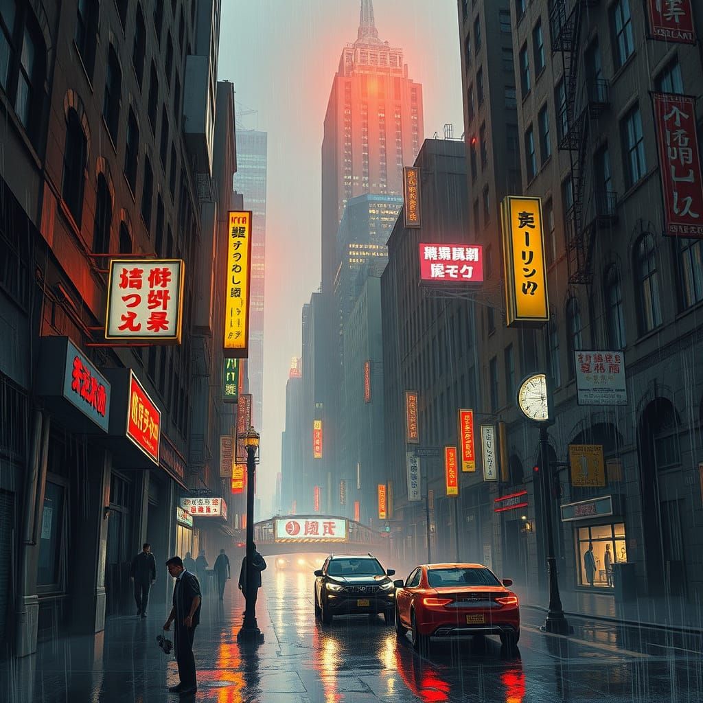 Gritty NYC Streetscape in Retro-Futuristic Manhwa Style