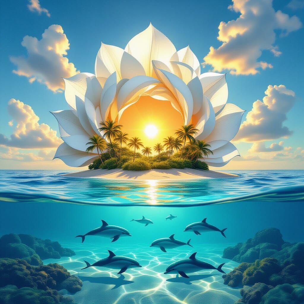 Surreal White Flower Frames Tropical Island Paradise