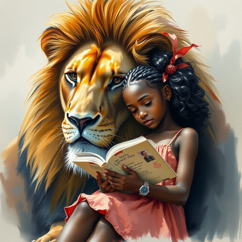 Black Girl Reads to Majestic Lion in Soft Charcoal Art