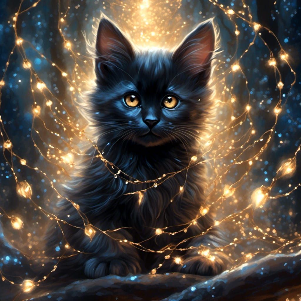 Black Kitten in Fairy Light Fantasy Illustration